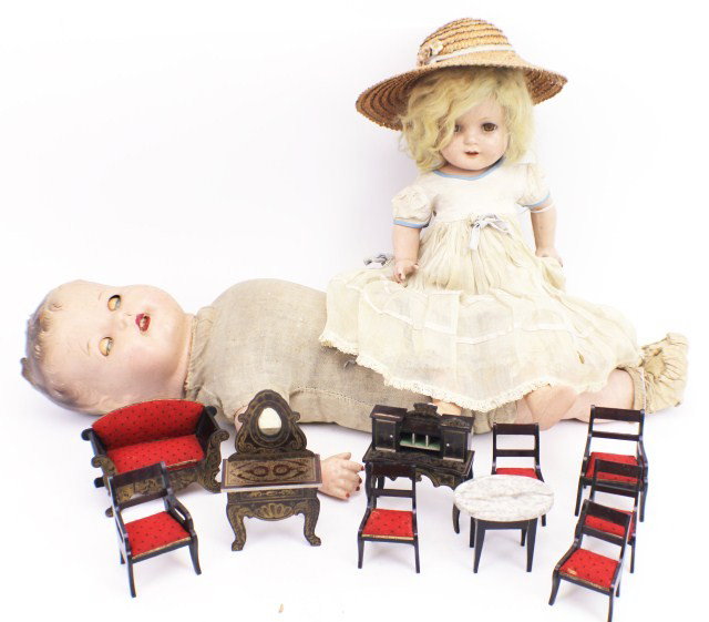 LOT OF TWO DOLLS AND DOLL FURNITURE: LOT OF TWO DOLLS AND DOLL FURNITURE Lot includes two sleep-eye dolls: True-to-form baby and a female infant with a sun hat and dress. Varied doll furniture includes: 6 dining chairs with red seats, a 