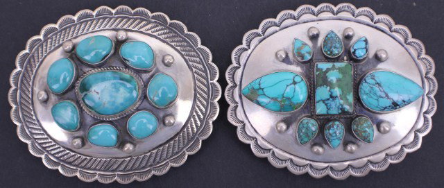 2 RANDY BOYD STERLING TURQUOISE BELT BUCKLES: 2 RANDY BOYD STERLING TURQUOISE BELT BUCKLES Navajo Indian sterling silver and turquoise belt buckles, both signed by Randy Boyd. 8 Stone buckle seems to be a bit newer as the 9 stone buckle is missin