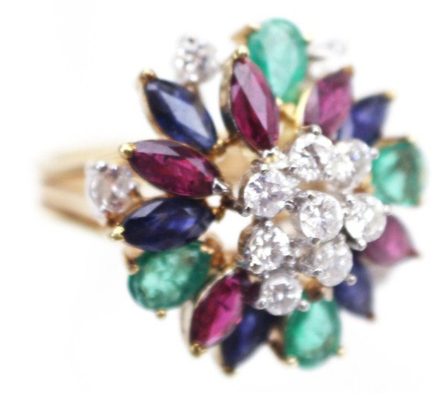 LADIES 14K GOLD GEMSTONE & DIAMOND FASHION RING: LADIES 14K GOLD GEMSTONE & DIAMOND FASHION RING Blue, green, and red spinels accented by 12 small round cut diamonds and set in 14K yellow gold. Unique ladies cocktail ring. Weight: 8.7g Size: 7.75