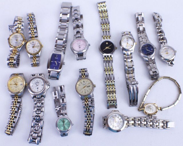 LOT OF 14 LADIES FASHION WATCHES AND PURSES: LOT OF 14 LADIES FASHION WATCHES Mixed lot of ladies wrist watches including Citizen, Fossil, Elgin, Seiko, Milan, Anne Klein II, Pulsar, and more. Lot also includes three vintage, mesh evening purses