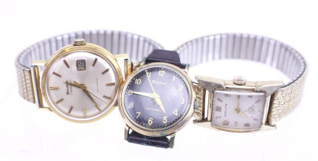 LOT MENS WATCHES BULOVA AUTOMATIC & HAMILTON: LOT MENS WATCHES BULOVA AUTOMATIC & HAMILTON A lot of 3 gold-filled vintage men's watches including a Bulova Aerojet Date Automatic, a Hamilton and a Bulova self-winding. As estate watches, maintenanc