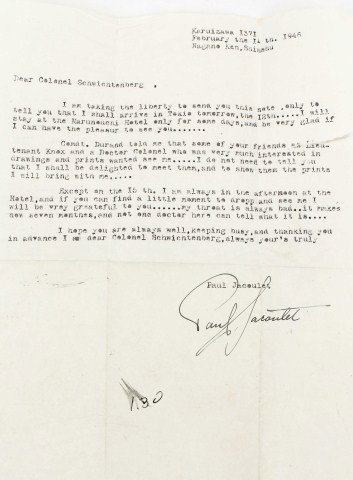 PAUL JACOULET - LETTER TO US COLONEL WWII ERA SIGN: PAUL JACOULET - LETTER TO US COLONEL WWII ERA SIGN A unique letter signed by Paul Jacoulet (French artist, 1902-1960). Dated February 11th, 1946 from Jacoulet to US Colonel Schwichtenberg (a US Ear No