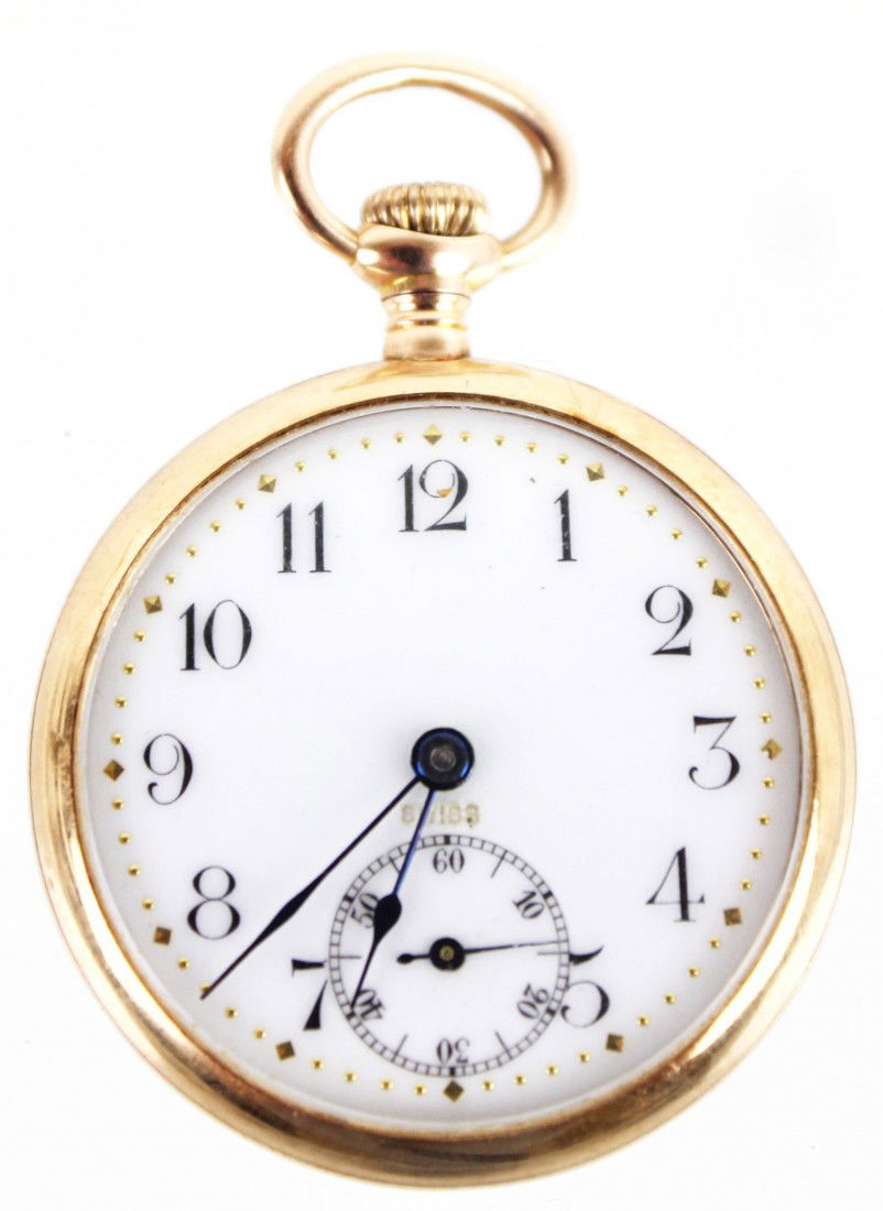LADIES SMALL 14K GOLD CASE POCKET WATCH: LADIES SMALL 14K GOLD CASE POCKET WATCH. Case; 14k yellow gold, engraved in script to the back. Inner case stamped "14k" and "12554". Dial; 25mm white porcelain face with black painted Arabic numerals