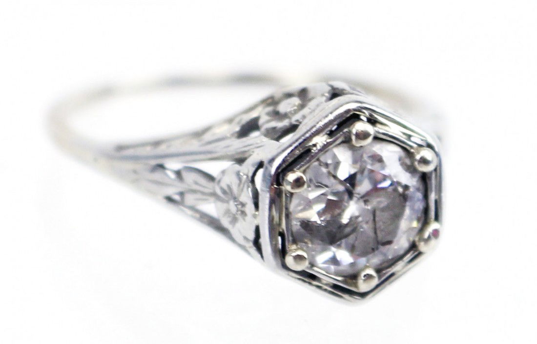 ANTIQUE ART DECO WHITE GOLD 1 CT DIAMOND RING: ANTIQUE ART DECO WHITE GOLD 1 CT DIAMOND RING 0.93 ct old European cut diamond set in 14K antique filigree setting. I-2 clarity and I color. Accompanied by a November 2011 appraisal with replacement v