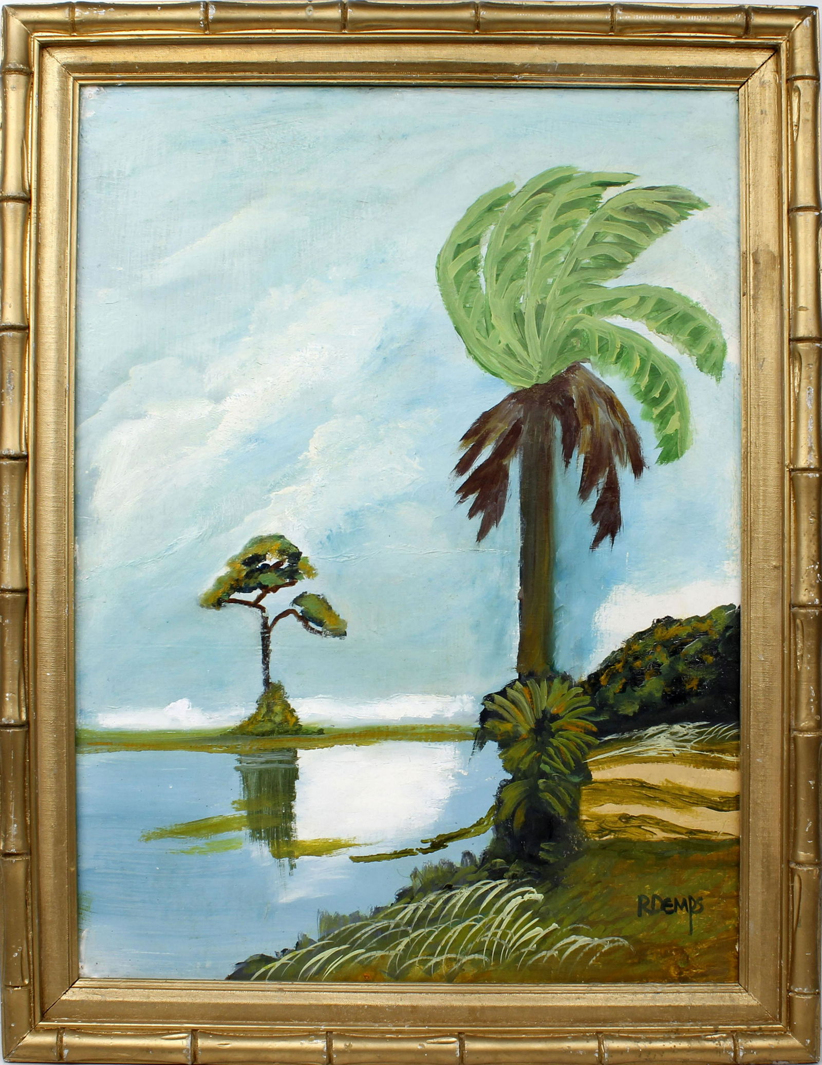 RODNEY DEMPS FLORIDA HIGHWAYMEN STRONG BREEZE: Demps, Rodney (1953- 2020) Florida Highwaymen Painting. Oil on Masonite - signed lower right. A strong breeze moves the clouds across the sky blowing the palm fronds as well. Board measures 18x24 bamb