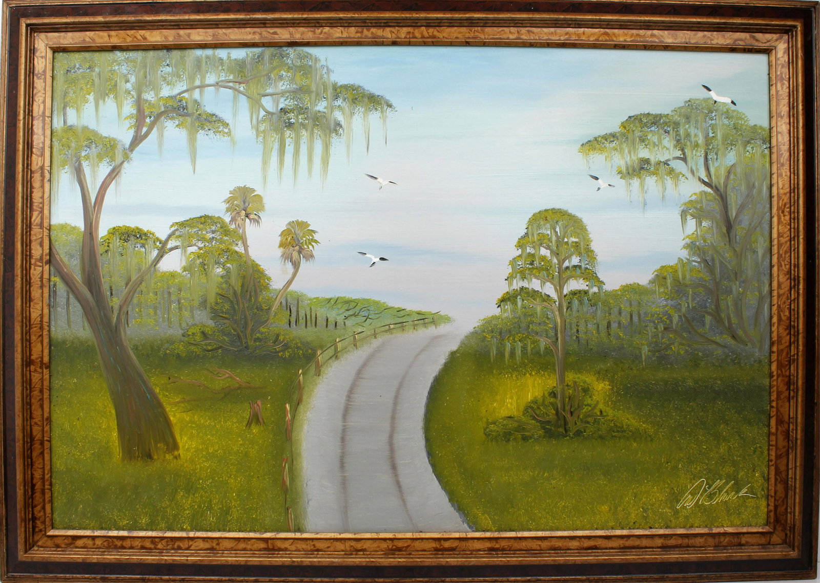 AL BLACK FLORIDA HIGHWAYMEN DRIPPING MOSS ROAD: Black, Albert “Blood” (B.1947) Florida Highwaymen Painting. Oil on Masonite - signed lower right. A dirt road is framed by trees dripping Spanish moss. Board measures 24x36framed to overal