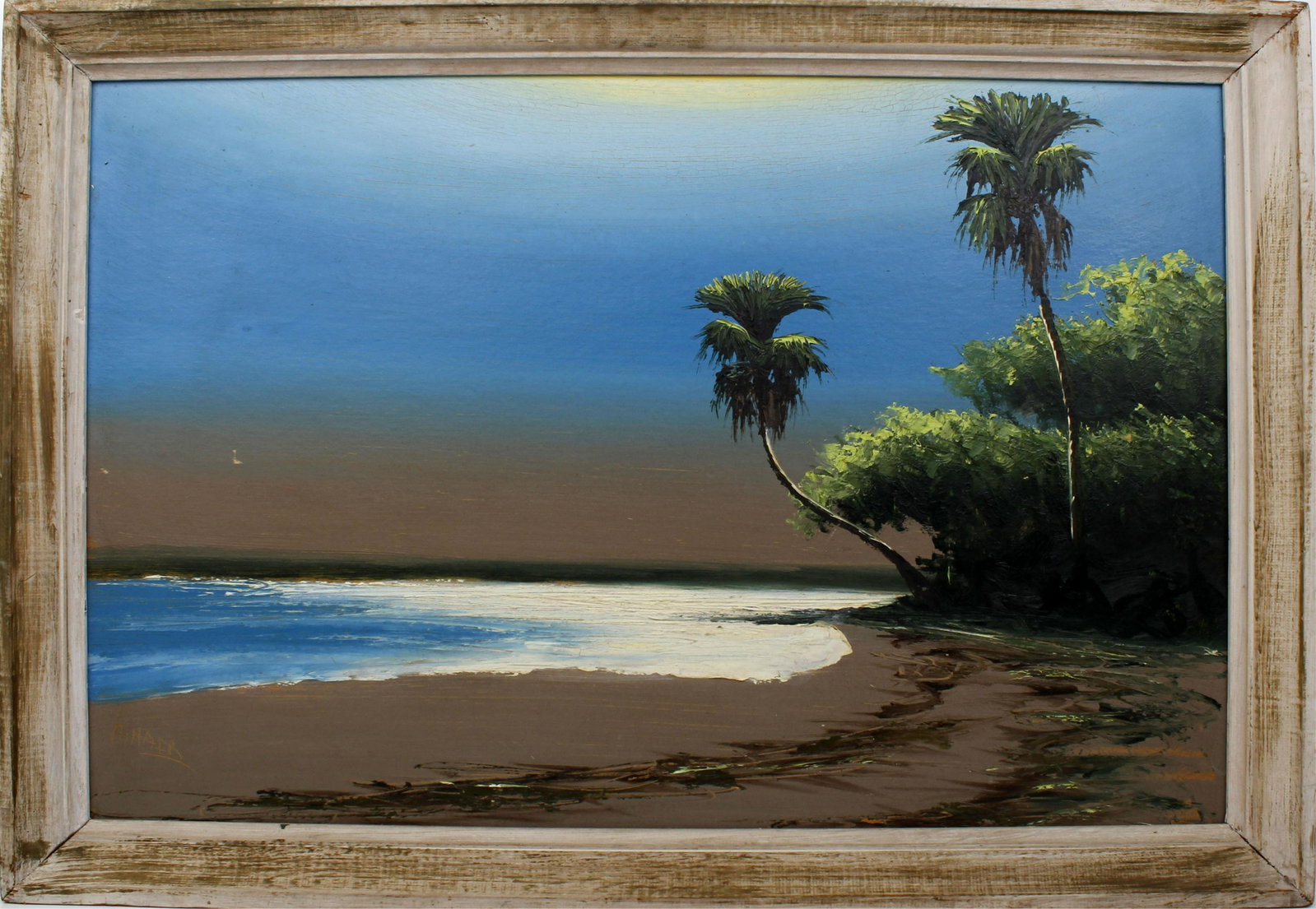 ALFRED HAIR FLORIDA HIGHWAYMEN LANDS END: Hair, Alfred (1941-1970 Florida Highwaymen Painting. Oil on Upson - signed lower left. Twin palms bask in the moonlit glow on a remote Indian River beach. Vivid blues and greens seem to luminesce in t