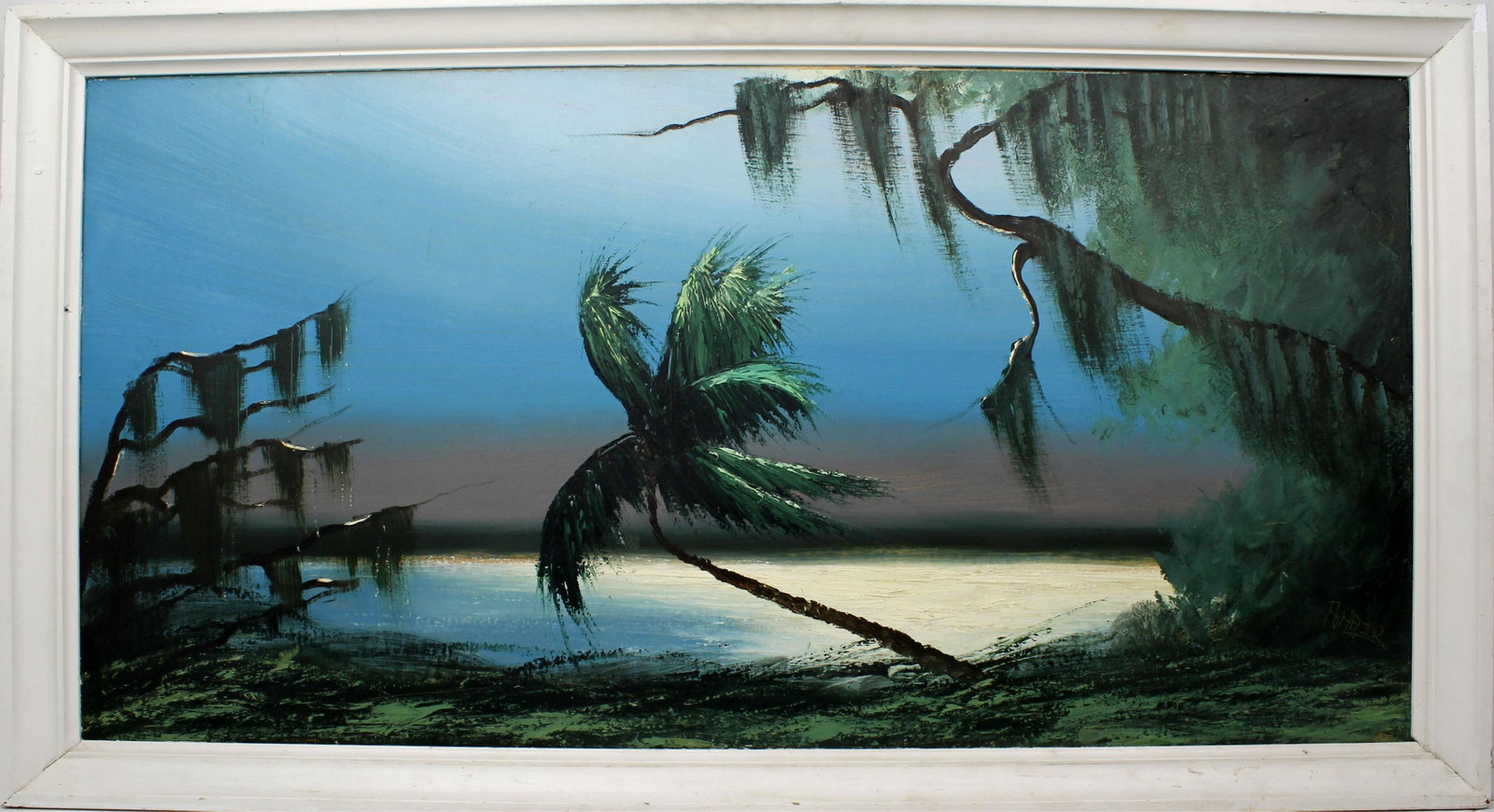 ALFRED HAIR FLORIDA HIGHWAYMEN MOSS DRAPED OAK: Hair, Alfred (1941-1970) Florida Highwaymen Painting. Oil on Orange Peel Upson - signed lower right. Spectacular Moonlit River Palm with Moss Draped Oak. Intense palette knifework and boldly inscribed