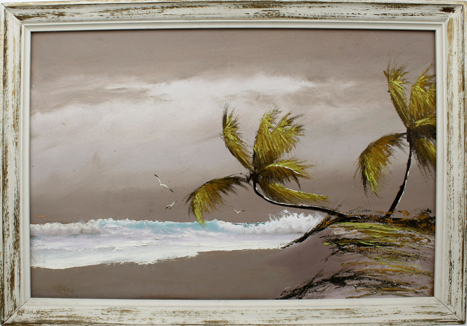 ALFRED HAIR FLORIDA HIGHWAYMEN REVERSE RIO MAR: Hair, Alfred (1941-1970) Florida Highwaymen Painting. Oil on Upson - signed lower left. Many shades of beige were used to create the evening sky. The waves, palms, and shore grasses were shaped with t