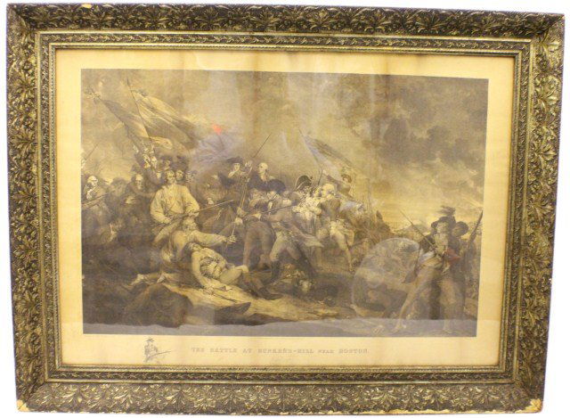 FRAMED ENGRAVING BATTLE AT BUNKER'S HILL: FRAMED ENGRAVING BATTLE AT BUNKER'S HILL John Trumbull (American, 1756-1843). "The Battle at Bunker's Hill near Boston." Engraved by J. G. Muller. Painted by John Trumbull, Esq. Framed under glass. Si