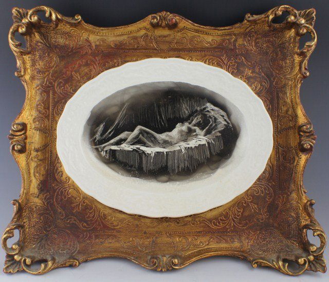 LAJOS MARKOS ETCHING ON PLATE 1952: LAJOS MARKOS ETCHING ON PLATE 1952 Lajos Markos (Hungarian/American, 1917-1993). Etching on a porcelain plate by Lajos Markos. Features female reclined nude. Signature bottom left with date. Extremely