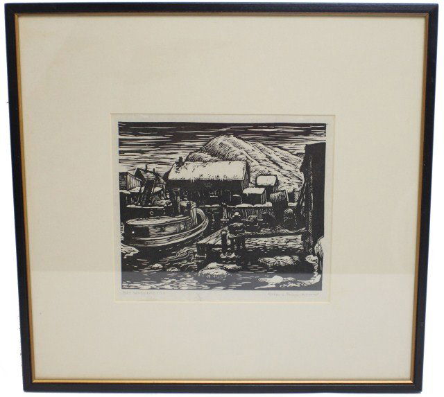 FRAMED WOODCUT BY ROBERT VON NEUMANN: FRAMED WOODCUT BY ROBERT VON NEUMANN Robert Franz von Neumann (American, 1888-1976). "Port Washington" features harbor scene with mountains in the background. Woodcut, framed and matted under glass. S