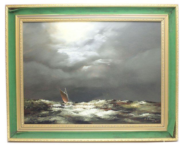 D A JAMES - NAUTICAL SCENE OIL ON BOARD: D A JAMES - NAUTICAL SCENE OIL ON BOARD Nautical scene, oil on board. Black sky with light coming through the top, vessel on choppy seas. Signature bottom right, D. A. James. Framed in gold frame with
