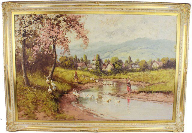 LASZLO NEOGRADY - OIL ON CANVAS - COUNTRY SCENE: LASZLO NEOGRADY - OIL ON CANVAS - COUNTRY SCENE Laszlo Neogrady (Hungarian, 1900 - 1962). Country scene with peasant girls and geese. Oil on canvas, backed with board. Cracking along the top in thicke