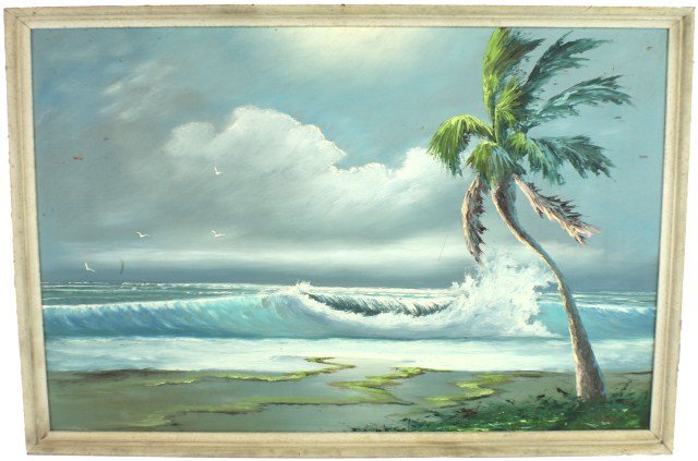 JOHNNY DANIELS - HIGHWAYMEN PAINTING FLORIDA LANDSCAPE: JOHNNY DANIELS - HIGHWAYMEN PAINTING FLORIDA LANDSCAPE Johnny Daniels (American, 1954-2009). Florida coastal landscape by Highwaymen artist Johnny Daniels. Features breaking waves on the shore with be