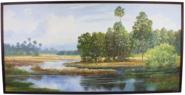 R. BUTLER - FLORIDA HIGHWAYMEN PAINTING LANDSCAPE: R. BUTLER - FLORIDA HIGHWAYMEN PAINTING LANDSCAPE Robert Butler (American, 1943-) Florida marsh landscape painting by Highwaymen artist Robert Butler. Features pine and palm trees with birds in flight
