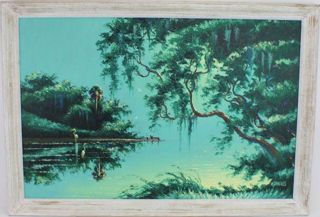 WILLIE DANIELS - FLORIDA HIGHWAYMEN LANDSCAPE PAINTING: WILLIE DANIELS - FLORIDA HIGHWAYMEN LANDSCAPE PAINTING - OIL ON BOARD Willie Daniels (American, b. 1953). Large Florida landscape by Highwaymen artist Willie Daniels. Large oil on board in green palat