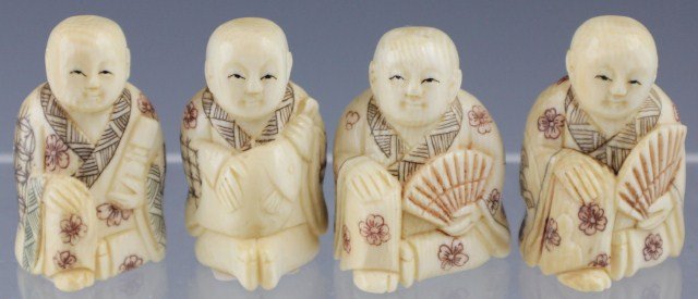 4 CARVED IVORY NETSUKE KNEELING MEN: 4 CARVED IVORY NETSUKE KNEELING MEN Four carved mammoth ivory depicting kneeling men: two of which are holding collapsing fans, one a fish and the last a scroll. Size: 1.5"