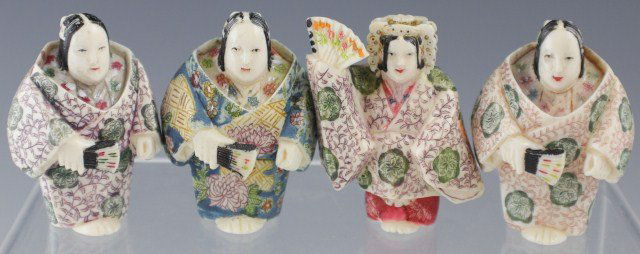 4 SIGNED CARVED IVORY FEMALE NETSUKE: 4 SIGNED CARVED IVORY FEMALE NETSUKE Four carved mammoth ivory Netsuke with bright staining. All depict women wearing kimono holding fans, one holds an open fan the others are closed. All are signed o