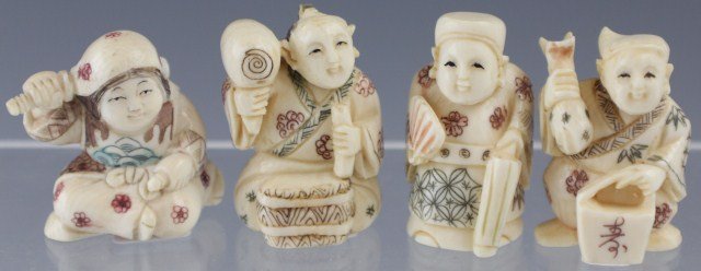 4 SIGNED CARVED IVORY NETSUKE: 4 SIGNED CARVED IVORY NETSUKE Four hand carved ivory netsuke pieces depicting female and male figures, both standing and sitting, holding various items suck has fans, baskets, fish and scrolls. All ar