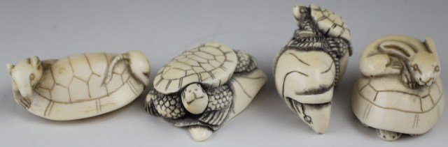 4 CARVED IVORY TURTLE NETSUKE: 4 CARVED IVORY TURTLE NETSUKE Lot includes: a turtle on a lily pad, a rabbit sitting on a turtle within its shell, a rodent crawling out of a turtle shell, and a turtle on top of a bag containing a ro