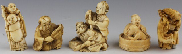 LOT OF 5 CARVED ELEPHANT IVORY NETSUKES: LOT OF 5 CARVED ELEPHANT IVORY NETSUKES Lot includes 5 unique netsuke carvings: a mother washing a baby in a tub, a child on an mans shoulders, a child standing behind a kneeling man, a dancing male f
