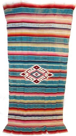 MEXICAN SALTILLO SERAPE THROW RUG/BLANKET: MEXICAN SALTILLO SERAPE THROW RUG/BLANKET This Saltillo serape throw rug is made of teal and pink shades and has a diamond shape in the center. The wool is very soft. Size: 42''x87''