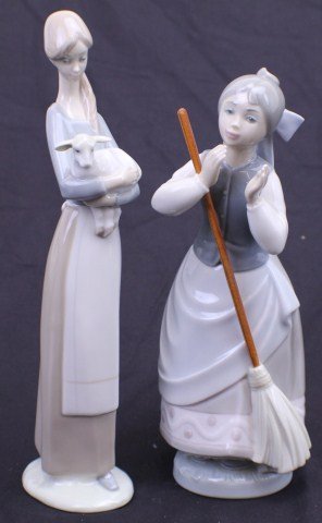 TWO LLADRO PORCELAIN FIGURES - #5025 & 4505: TWO LLADRO PORCELAIN FIGURES - #5025 & 4505 01005025 GIRL WITH BROOM. Issue Year: 1980. Retirement Year: 1985. Sculptor: Julio Fernández. 01004505 GIRL WITH LAMB. Issue Year: 1970. Retirement Year: 2