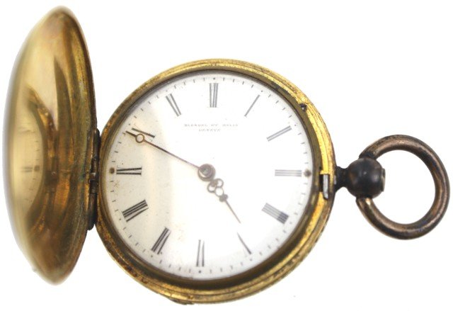 18K GOLD AND ENAMEL BLONDEL ET MELLY POCKETWATCH: 18K GOLD AND ENAMEL BLONDEL ET MELLY POCKETWATCH Blondel et Melly 18K gold and blue enamel pocketwatch. Circa 1850s, working key wind movement. Watch face marked "Blondel et Melly Geneve." Case marked