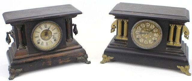 GILBERT AND INGRAHAM MANTLE CLOCKS: GILBERT AND INGRAHAM MANTLE CLOCKS Gilbert 1912 Mantle Clock with wood finish. Hindu Numeral numbers on face. Comes with original pendulum but no key. Age appropriate wear, handle on side of clock is
