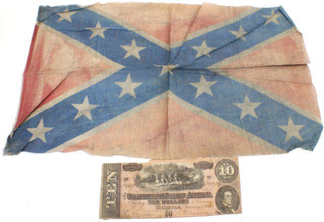 TEN DOLLAR CONFEDERATE NOTE AND CIVIL WAR FLAG: TEN DOLLAR CONFEDERATE NOTE AND CIVIL WAR FLAG $10 authentic confederate note and printed confederate flag. Confederate note portrays a field artillery in the center with R.M.T. Hunter, a CSA cabinet