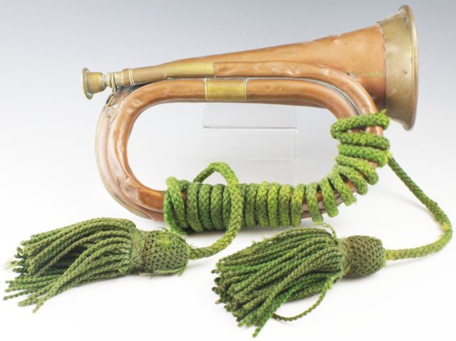 BRITISH MILITARY PATTERN BUGLE BY GEORGE POTTER: BRITISH MILITARY PATTERN BUGLE BY GEORGE POTTER Copper and brass military pattern bugle with the Royal coat of arms and the stamp of George Potter & co, Aldershot. A few dents as would be expected. Si