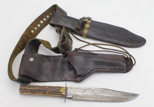 OLD LEATHER HOLSTER RIG WITH ORIGINAL BOWIE KNIFE: OLD LEATHER HOLSTER RIG WITH ORIGINAL BOWIE KNIFE A well used leather belt with holster and Bowie Knife by G.C. Co Solingen. Size: 8" blade