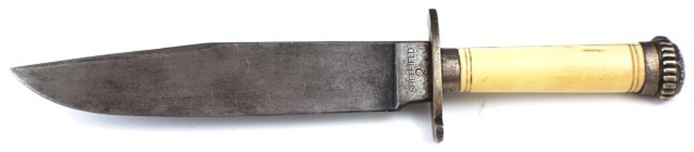 MID 19TH CENTURY IVORY HANDLE BOWIE KNIFE: MID 19TH CENTURY IVORY HANDLE BOWIE KNIFE Sheffield made blade of 7". The ricasso stamped "Sheffield 2". White metal cross guard. Ivory grip (Minor age splitting). White metal pommel. Size: 11.5" over