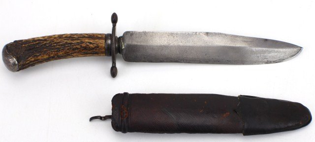 LARGE BOWIE KNIFE BY ARNACHELLUM SALEM: LARGE BOWIE KNIFE BY ARNACHELLUM SALEM C1870 stag handled knife. The blade stamped "ARNACHELLUM SALEM". These "Tiger" hunting knives were produced in India since the mid 1800s. Stag grip, silvered cap