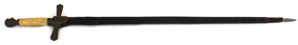 CIVIL WAR ERA MILITIA OFFICERS SWORD: CIVIL WAR ERA MILITIA OFFICERS SWORD Militia Officer's Sword, 26" double edged blade, with brass knight's head pommel and cross guard. Bone grip. Leather scabbard, fittings gone. Size: see description