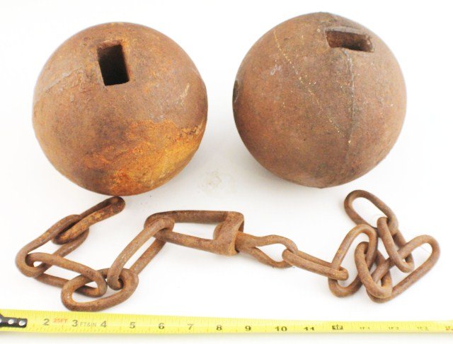 CIVIL WAR CAST IRON NAVAL CHAIN-SHOT CANNON BALLS: CIVIL WAR CAST IRON NAVAL CHAIN-SHOT CANNON BALLS Heavy cast iron Navy rigging balls and chain, Chain shot. These balls were connected by chains and were used to knock down rigging and de-mast ships. 