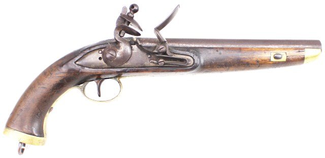 BELGIAN MILITARY FLINTLOCK PISTOL: BELGIAN MILITARY FLINTLOCK PISTOL 69 cal, 9 inch round barrel. Plain lock engraved with a crowned "DN". Cock is in working order to half cock only. Walnut stock with brass fittings. some old repairs t