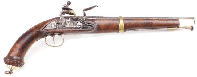 19TH CENTURY TURKISH FLINTLOCK PISTOL: 19TH CENTURY TURKISH FLINTLOCK PISTOL 54 cal, 12 inch round acid etched barrel. Engraved lock. Cock is in working order. Walnut stock with brass fittings and ivory butt cap and fore-end (replaced). Br