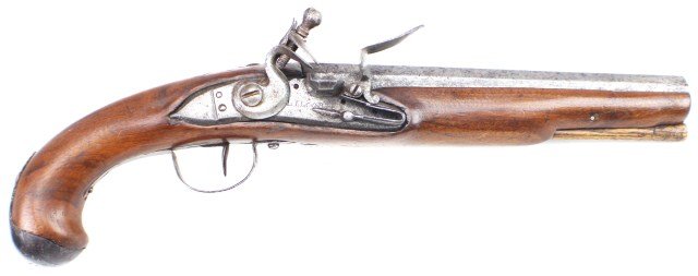 FRENCH 19TH CENTURY FLINTLOCK PISTOL BY LIECOMTE: FRENCH 19TH CENTURY FLINTLOCK PISTOL BY LIECOMTE 54 cal, 9 inch rifled octagonal barrel. Plain lock engraved with "Liecomte". Cock is in working order. Walnut stock with steel fittings. An old fore-en