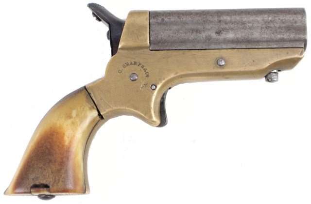 SHARPS PATENT .22 CAL 4 SHOT PEPPERBOX PISTOL: SHARPS PATENT .22 CAL 4 SHOT PEPPERBOX PISTOL .22 cal rimfire 4 shot pistol. 2.5 inch steel barrels. Brass frame stamped "C sharps & Co, Patent 1859". Bone grips are an old replacement. The action wor