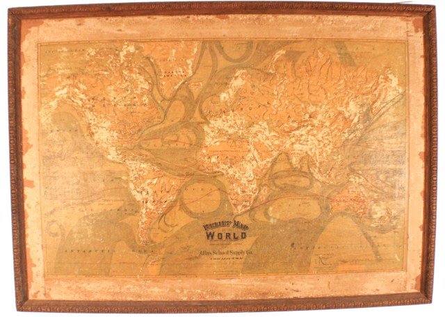 ATLAS SCHOOL SUPPLY RELIEF MAP OF THE WORLD: ATLAS SCHOOL SUPPLY RELIEF MAP OF THE WORLD Vintage relief map of the world, by Atlas School Supply Co, Chicago, patented 1907. Framed and matted in wooden frame. Size: 34 x 47 1/2" (framed)