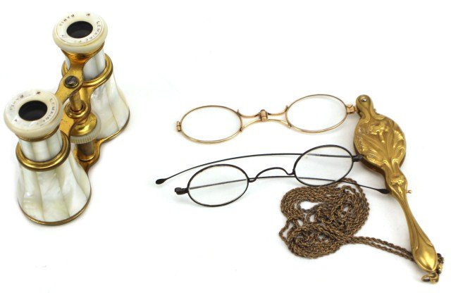 LOT OF OPERA AND READING GLASSES: LOT OF OPERA AND READING GLASSES Lot includes: Mother of Pearl LeMaire FI Opera Glasses made in Paris, spring loaded reading glasses gold colored with a neck chain and a simple pair of reading glasses