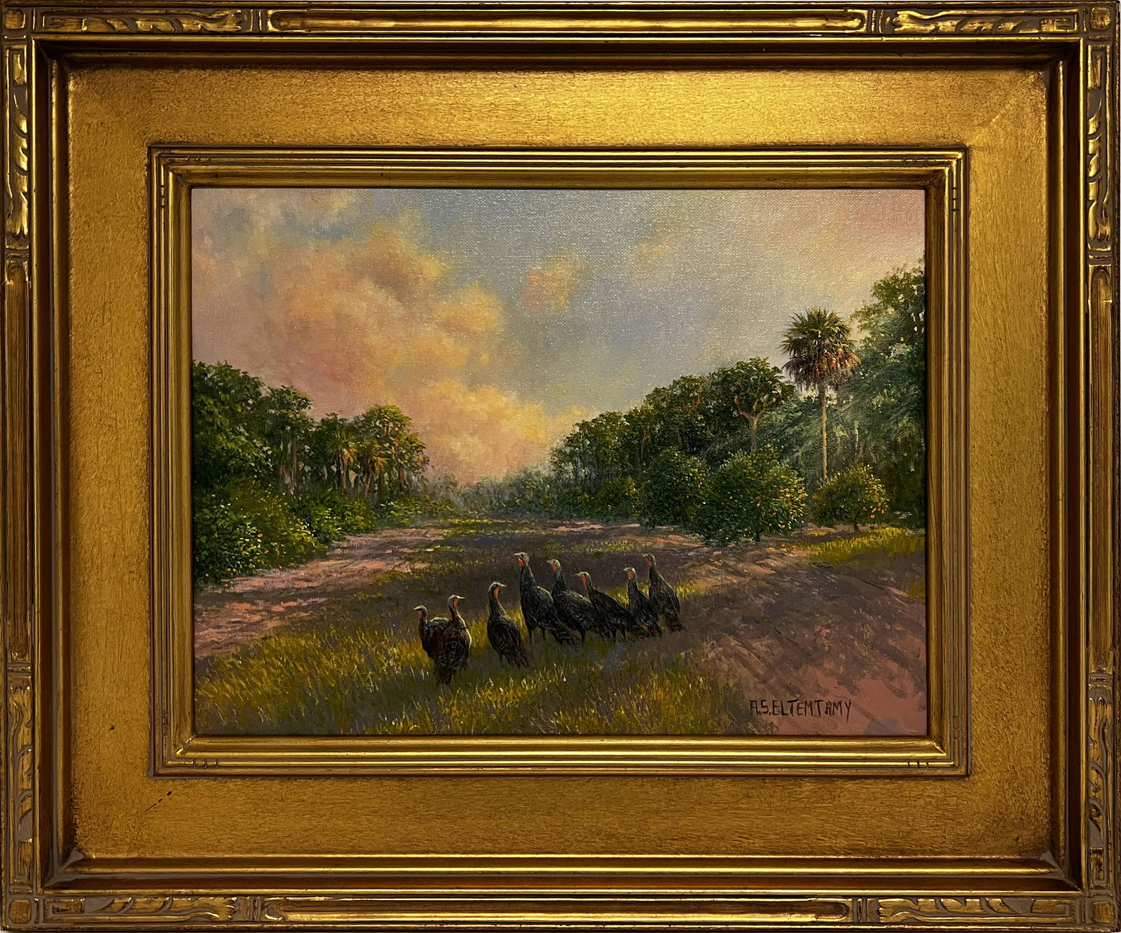AHMED ELTEMTAMY FLORIDA ARTIST FLOCK OF TURKEYS: Eltemtamy, Ahmed (B. 1960) Florida Artist Painting. Oil on canvas - signed lower right. A flock of wild turkeys forage in the pasture that is lined with orange trees. Effective use of shadowing brings