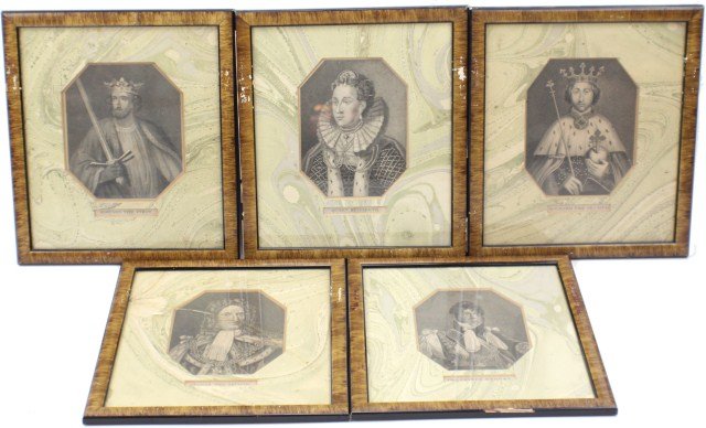 LOT OF FIVE FRAMED ENGRAVINGS OF ENGLISH ROYALTY: LOT OF FIVE FRAMED ENGRAVINGS OF ENGLISH ROYALTY Included are: Edward the First, Richard the Second, Queen Elizabeth, George the Second, and The Prince Regent. Each is framed and matted under glass in