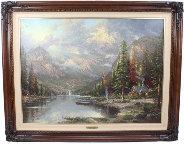 THOMAS KINKADE MORNING MAJESTY: THOMAS KINKADE MORNING MAJESTY Thomas Kinkade (American, 1958 - 2012). 25.5 x 34" canvas, featuring cabin and boats with the mountains in the background. Printed on canvas and hand highlighted by one