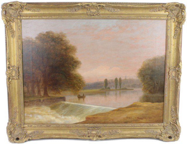 THOMAS HART F.S.A. - OIL ON CANVAS BOAT ON A RIVER: THOMAS HART F.S.A. - OIL ON CANVAS BOAT ON A RIVER Thomas Hart (British 19th Century). Oil on canvas of a boat on a weir in the English country-side. 18" x 24" Born in Falmouth, Cornwall, he later mov