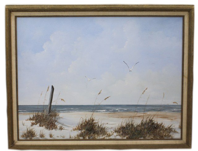 PHIL SHIVAR BEACH SCENE - OIL ON CANVAS 1982: PHIL SHIVAR BEACH SCENE - OIL ON CANVAS 1982 Oil on canvas featuring Atlantic coast beach scene by North Carolina artist Phil Shivar. Framed in brown frame with linen bezel. Signature and date lower l