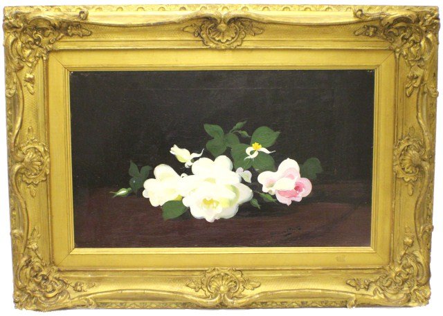 JAMES STUART PARK - WHITE AND PINK ROSES: JAMES STUART PARK - WHITE AND PINK ROSES James Stuart Park (Scottish, 1862-1933). Oil on canvas by James Stuart Park White and pink roses. Signature bottom right. Framed in large profile ornate gold f