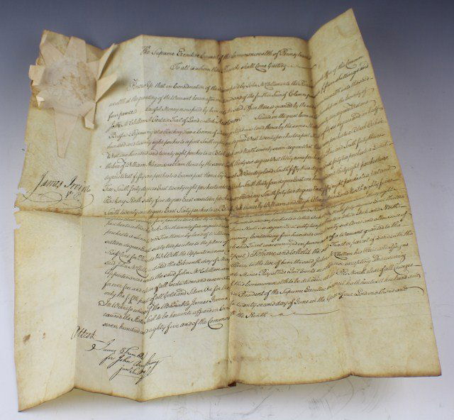 1785 PENNSYLVANIA LAND GRANT SIGNED BY JAMES IRVIN: 1785 PENNSYLVANIA LAND GRANT SIGNED BY JAMES IRVIN A Pennsylvania land grant of 426 acres allotted to a John Mclellan. The document is signed by James Irvin(1735-1819) a considerable political and mil